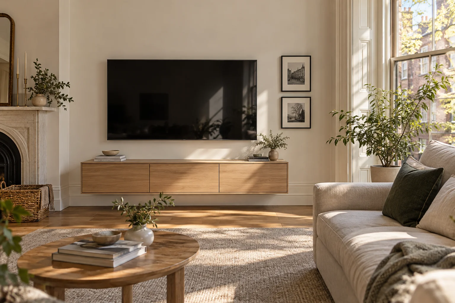 Sunlit living room with a neatly mounted television