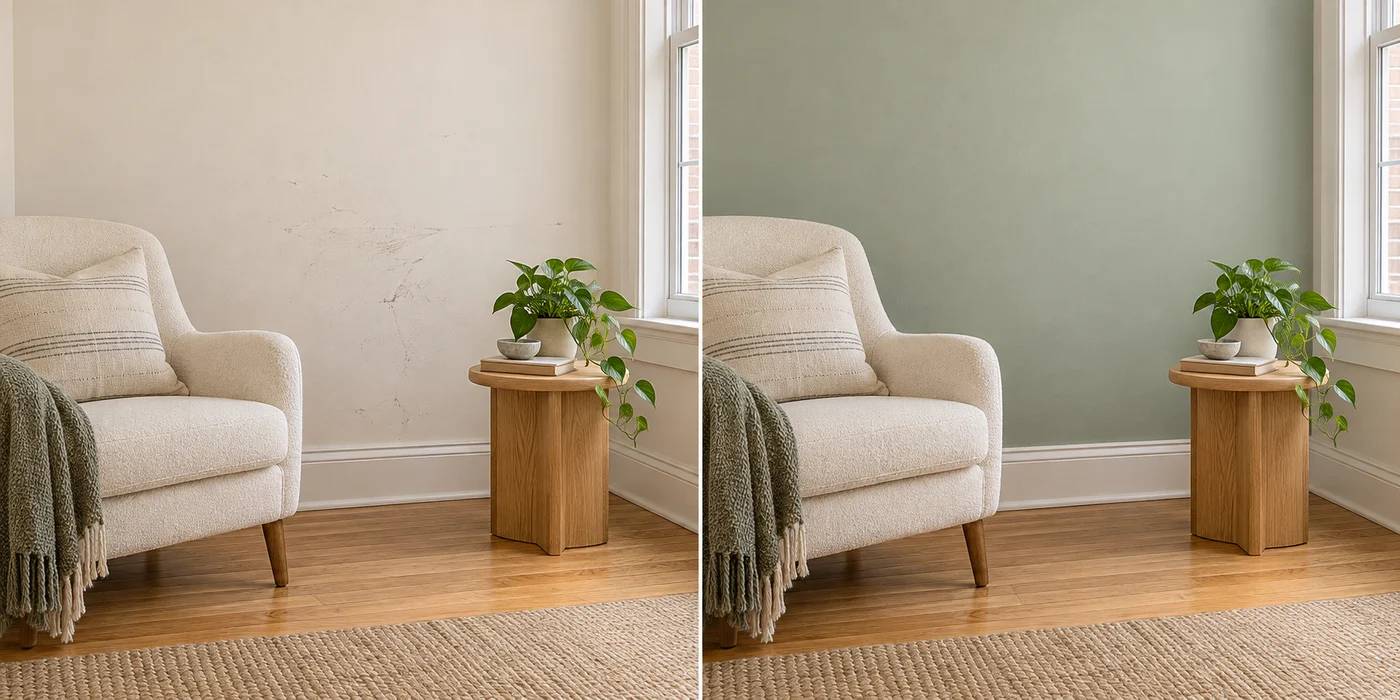 Illustrative comparison of a scuffed white wall and the same reading corner with fresh sage paint
