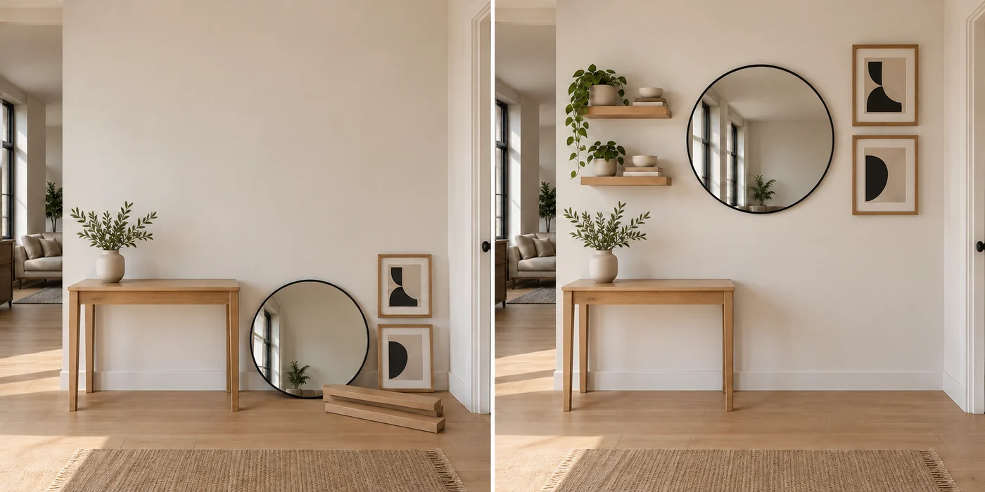 Illustrative comparison of an empty wall and the same entryway with mounted shelves, mirror and artwork